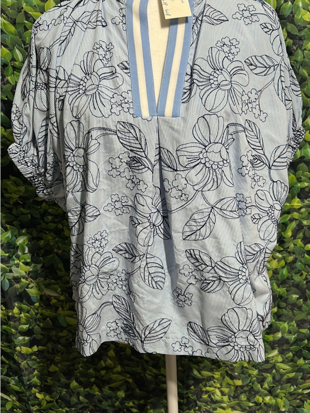 Umgee Blue and White Striped Floral Popover Blouse